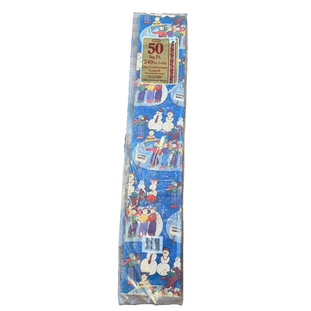 Vintage Cleo Christmas Wrapping Paper Skating Snowman 50 Sq Ft Sealed USA